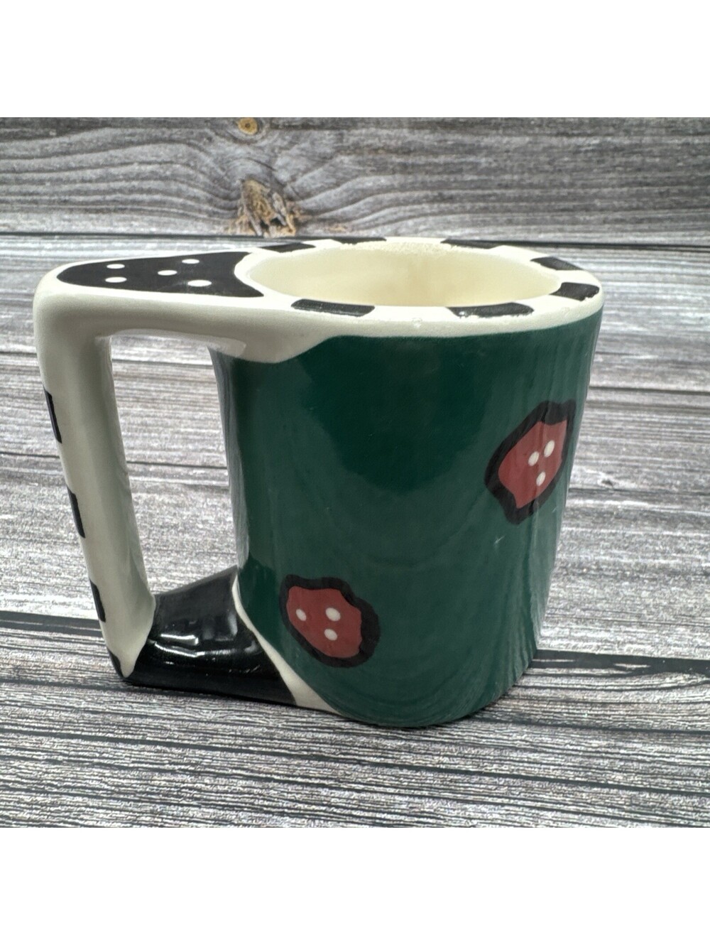 Vtg BROUSSARD Art Pottery Mug Green Circle Ceramic Hand Painted Signed Unique